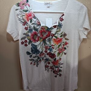 Size Small ONE WORLD White V-Neck Tee with Multicolor Floral Embroidery